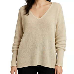 Vince Double V Neck Ecru Linen Slouchy knitted minimalist Sweater XS A003964